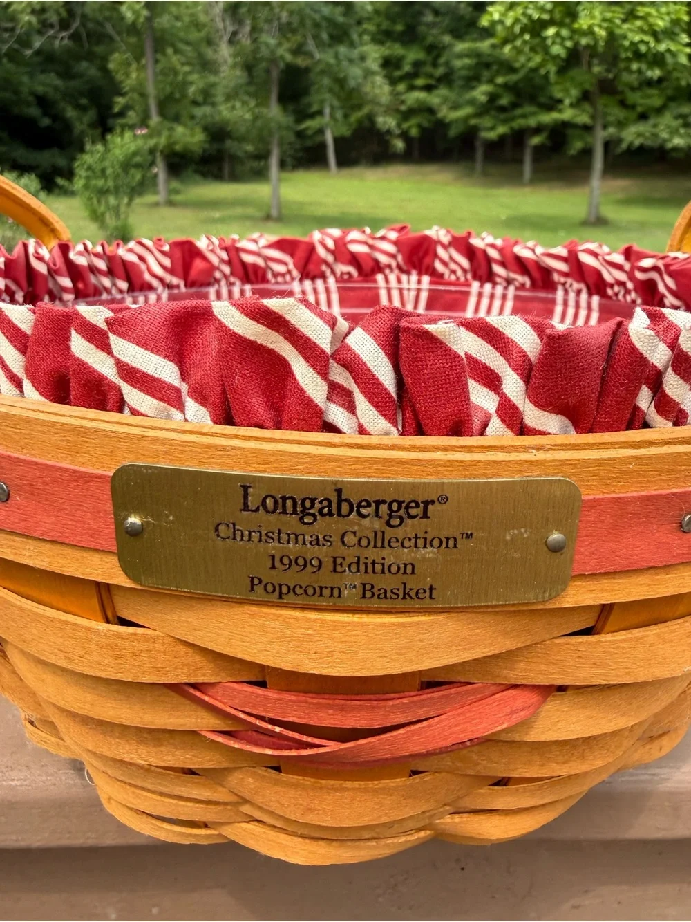 Longaberger Christmas Collection Popcorn Basket with Red Accents Striped Liner